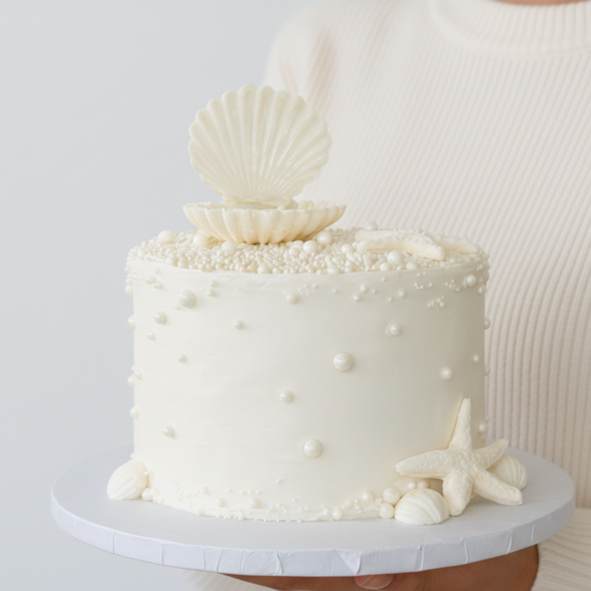 White cake with shell and starfish decorations held by a person